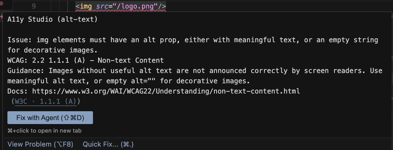 Diagnostic hover with WCAG-style explanation