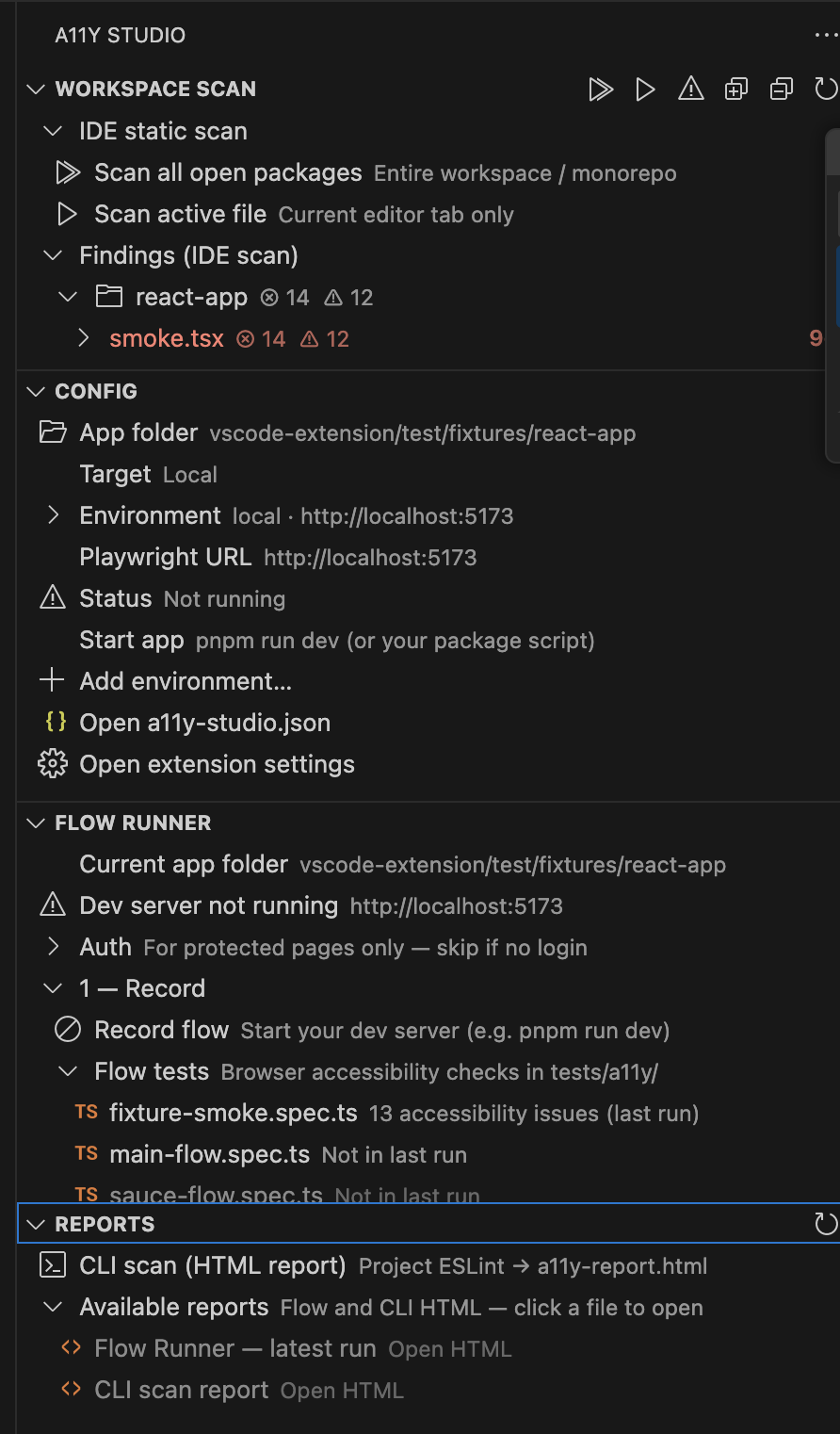 Activity Bar — four pillars: Workspace scan, Test environments, Reports, Settings
