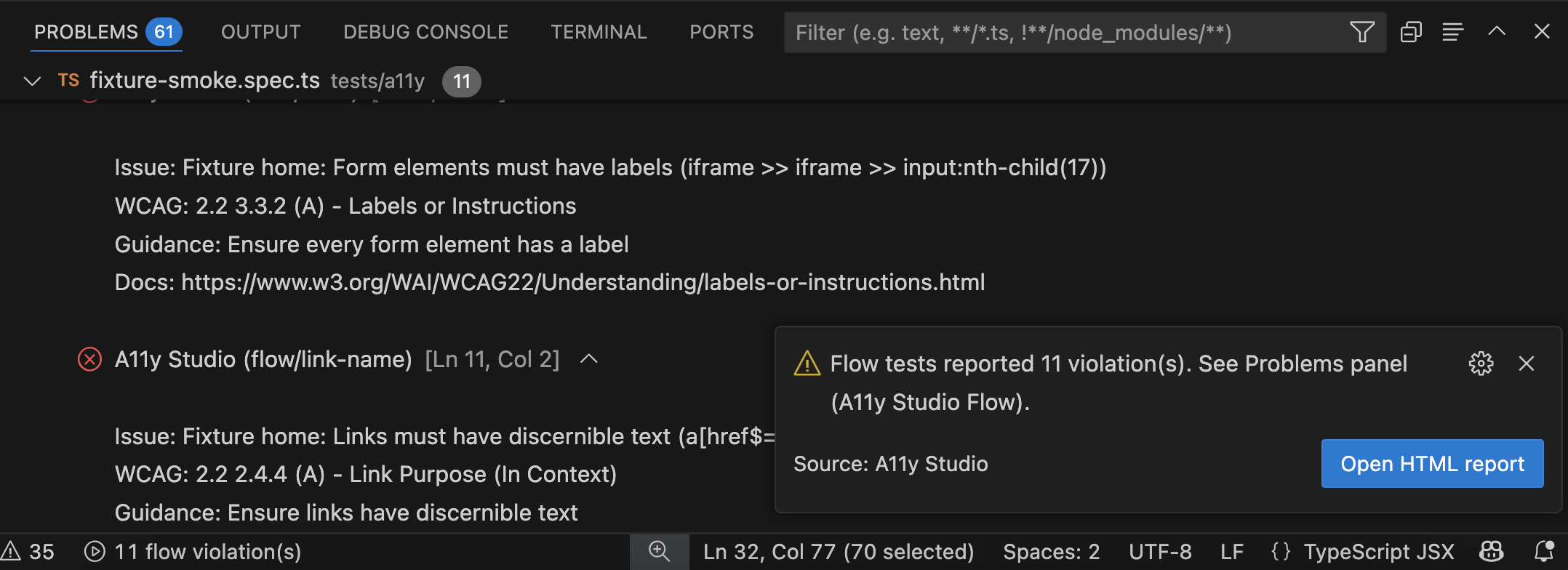 Problems panel showing A11y Studio Flow violations with WCAG context