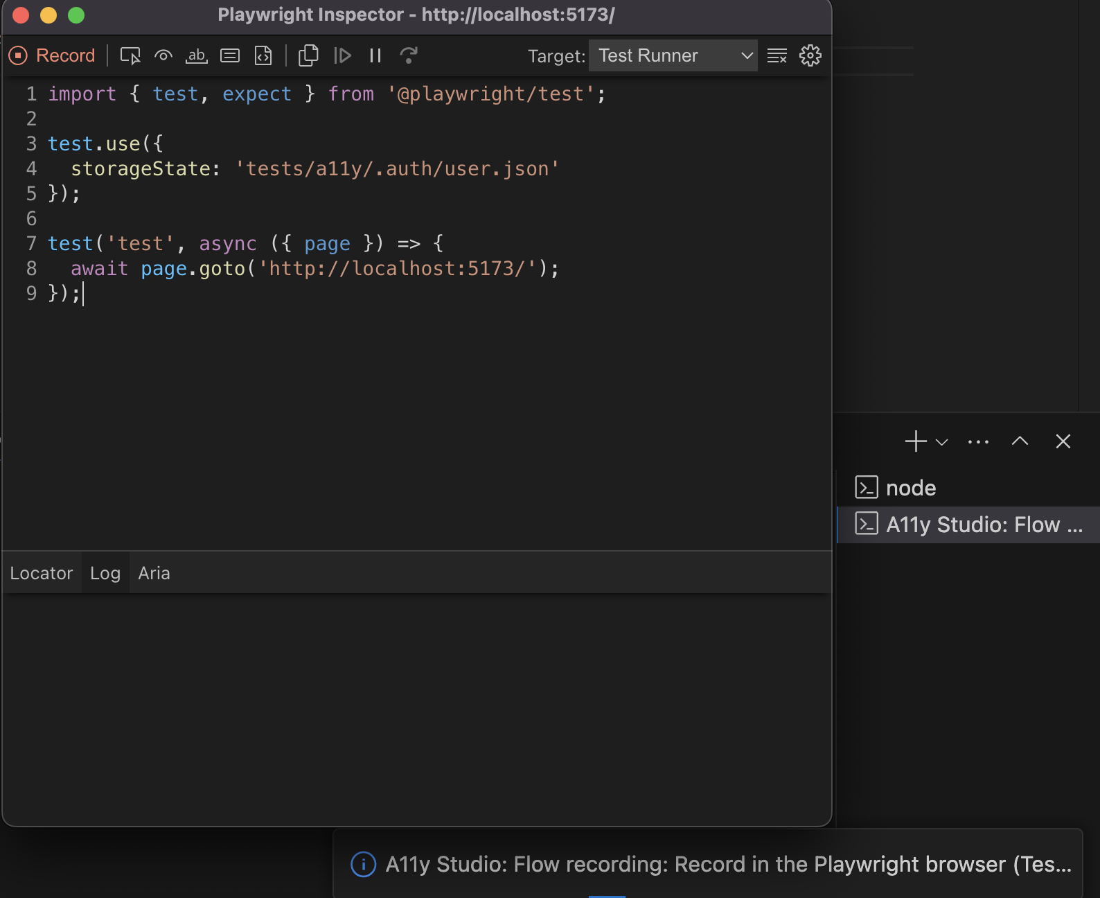 Playwright codegen browser with Test badge and inspector during Flow recording