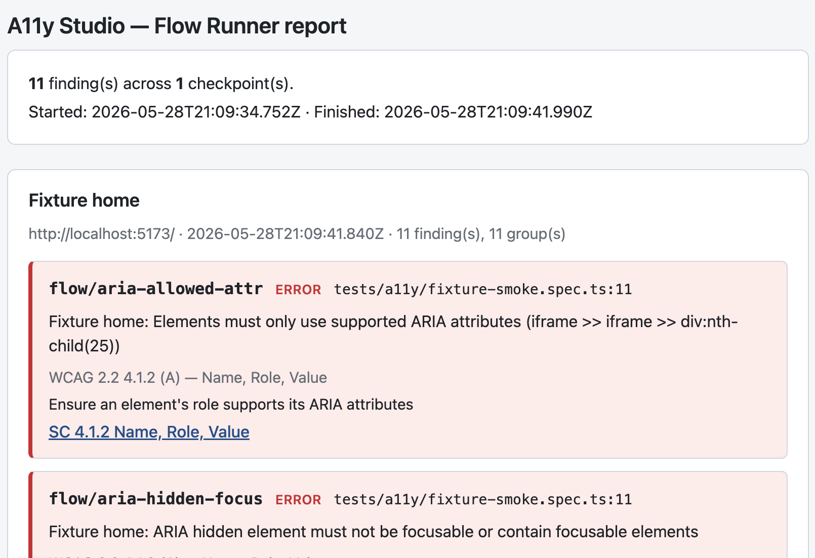 Flow Runner HTML report in a VS Code editor tab (WebView) with severity badges and W3C links