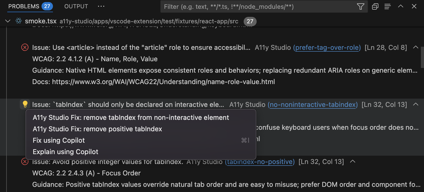 Problems list with suggestion-style accessibility rows