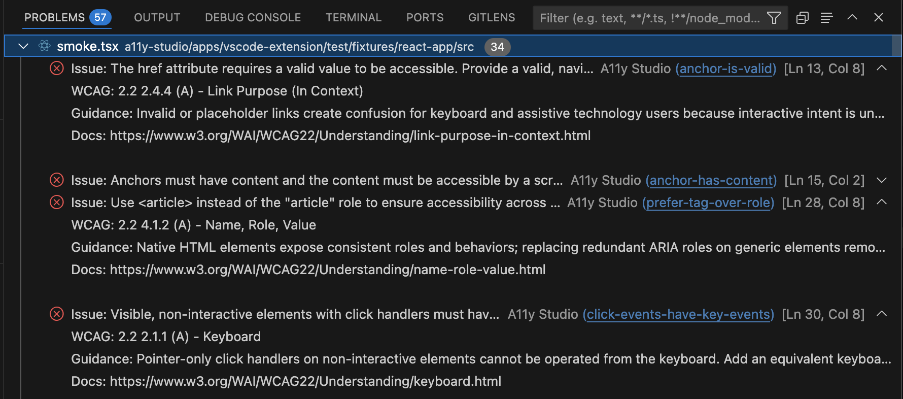 Problems row showing Issue, WCAG success criterion, plain-language guidance, and a W3C Understanding link