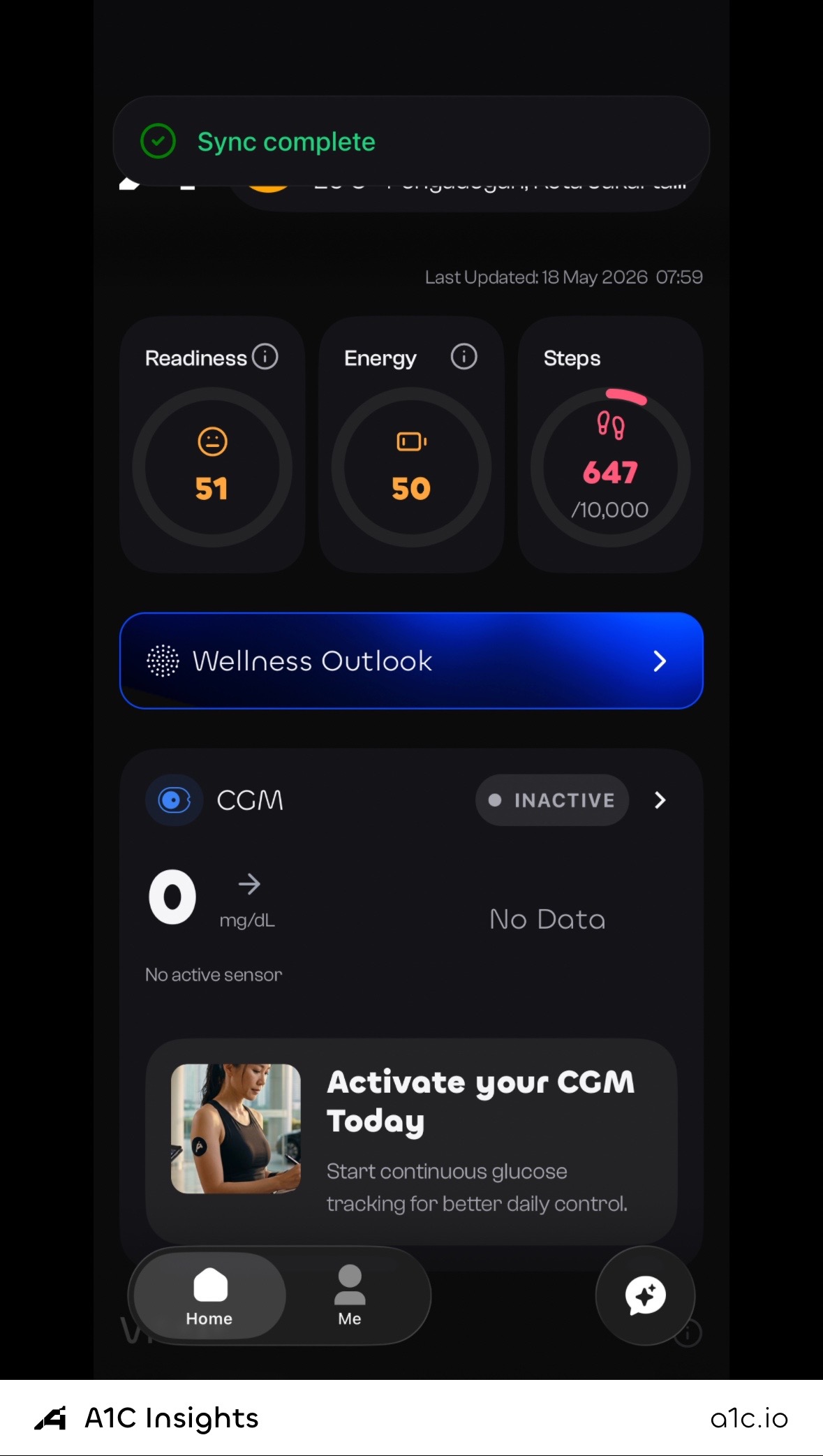 A1C Insights home dashboard after first sync