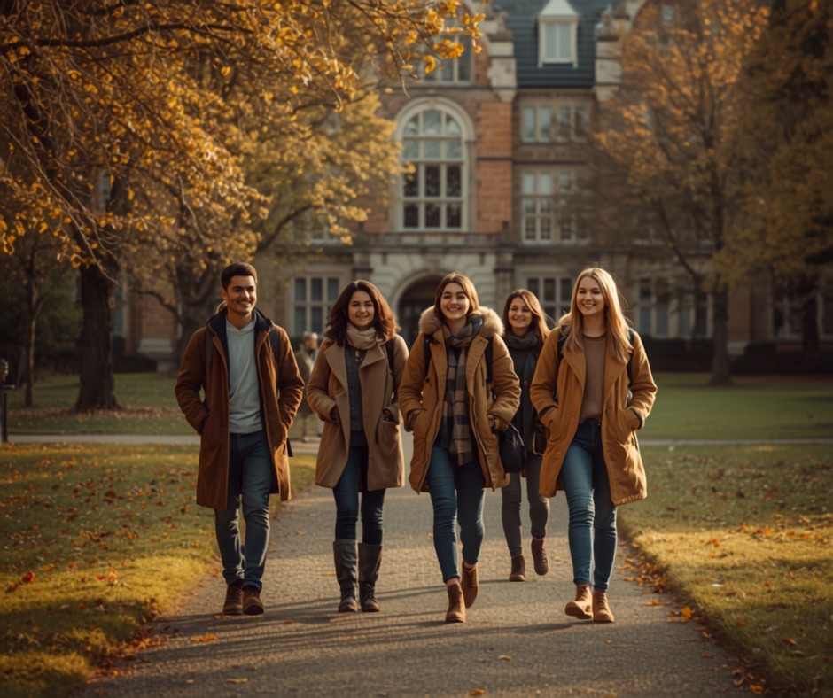 International students walking on a German university campus in autumn