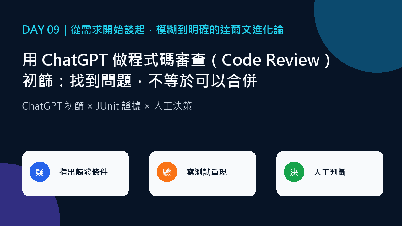 Day 09 封面:用 ChatGPT 做程式碼審查(Code Review)初篩:找到問題,不等於可以合併