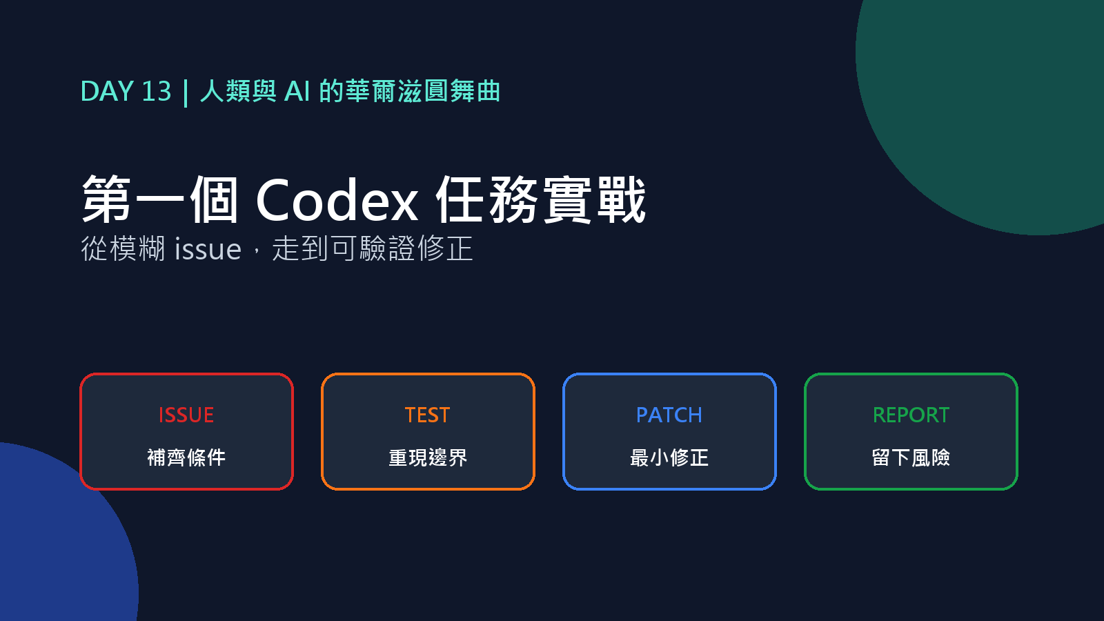 Day 13 封面:從 issue 到可驗證修正