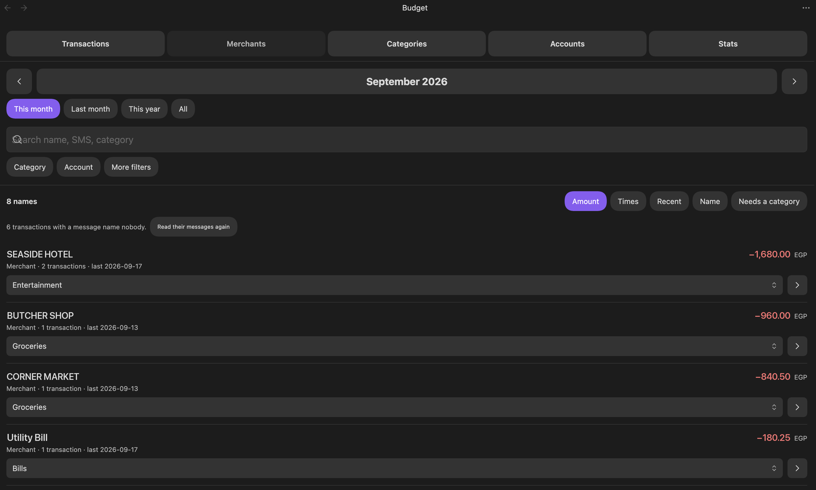 Ultra Budget Tracker screenshot — Merchants