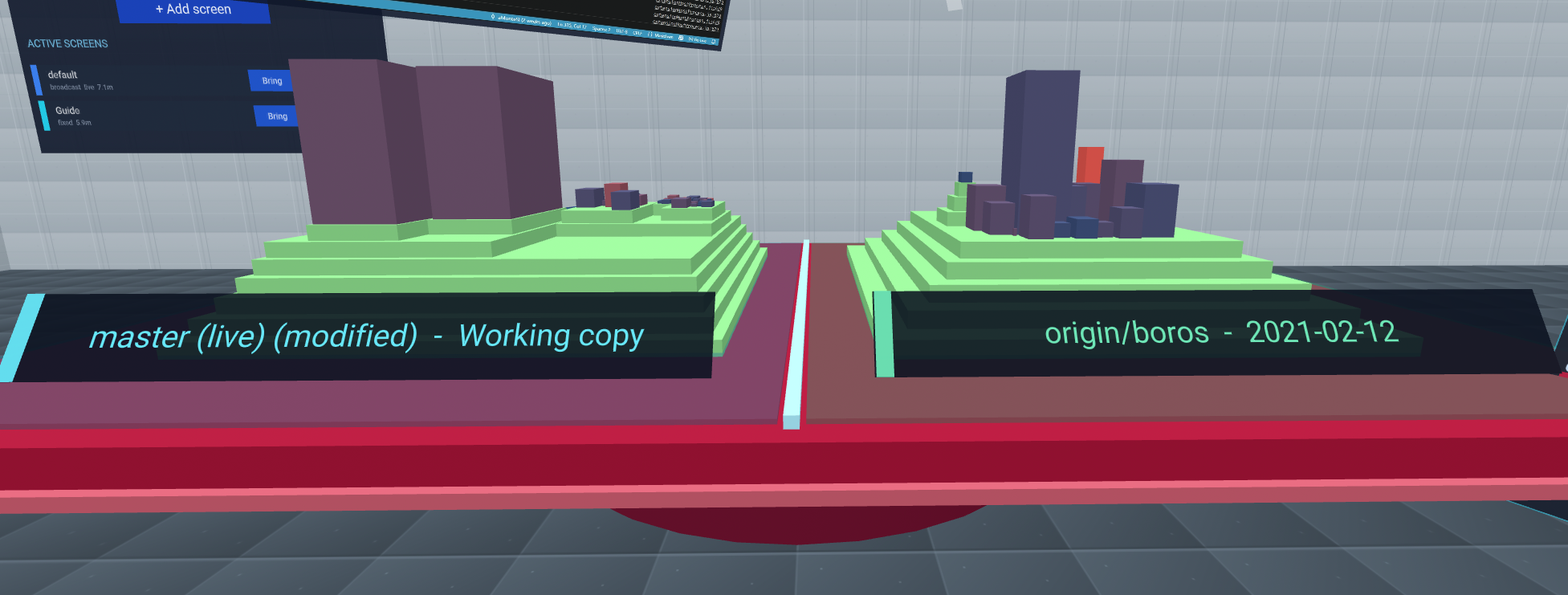 The dual table: the working copy on the left and an older revision on the right, both labelled, on one shared scale
