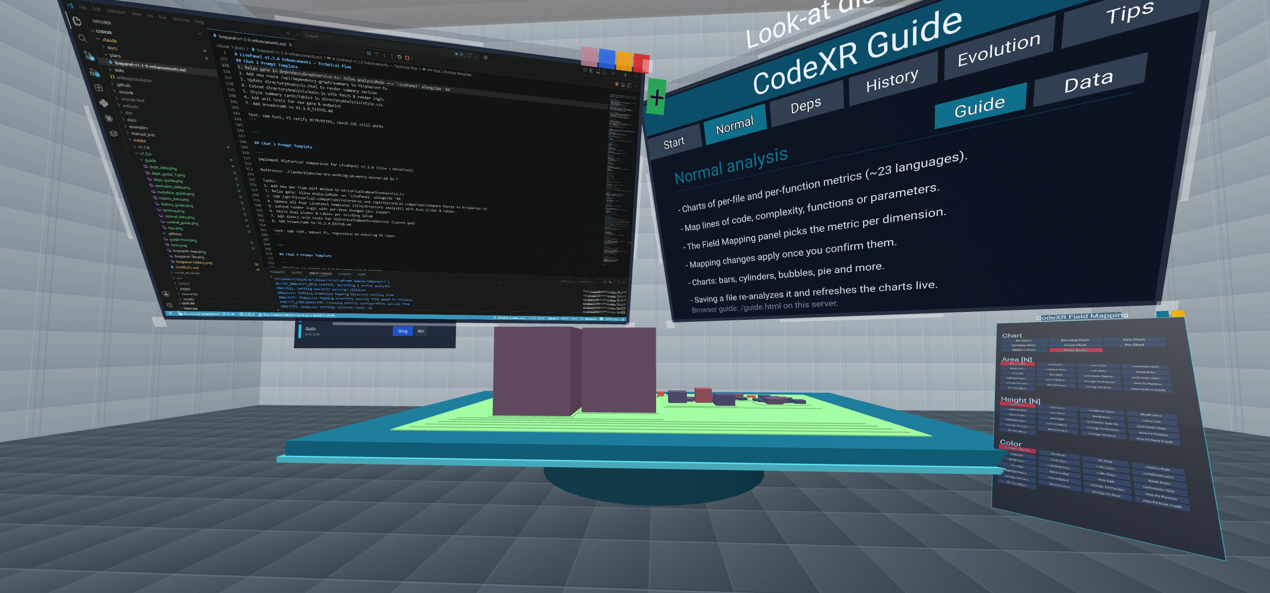 The classic analysis in the room: the code city on the cyan table, the in-room guide open on its Normal tab and the Field Mapping panel on the right