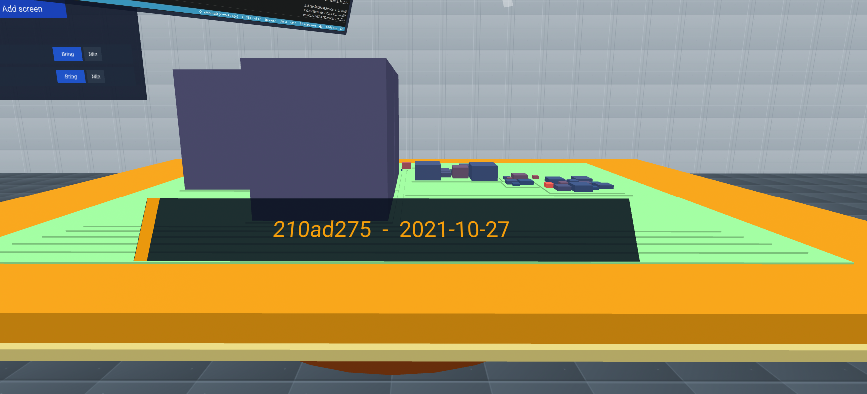 A frame of the movie on the amber table, stamped with the commit hash and date it belongs to