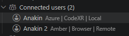 Connected users (2): Anakin as Azure, CodeXR, Local; and Anakin 2 as Amber, Browser, Remote