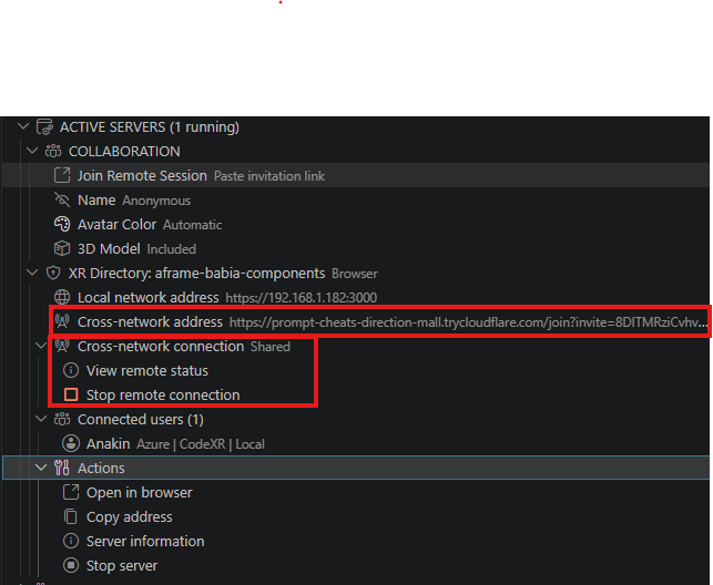 The CodeXR sidebar with the cross-network address on a trycloudflare.com link, plus View remote status and Stop remote connection
