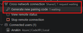 The sidebar showing "Cross-network connection · Shared | 1 request waiting" and the Generate new pairing code action