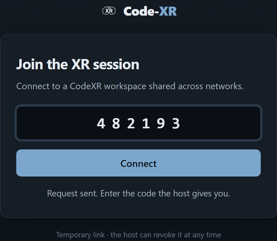 The same page after requesting access: a six-digit field and a Connect button, waiting for the host's code