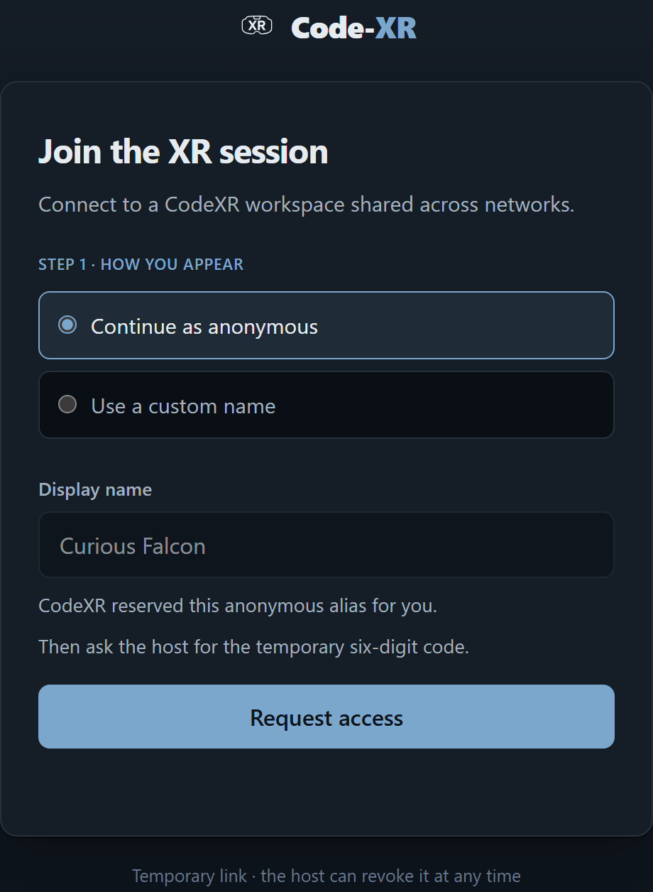 The join page: continue as anonymous with a reserved alias, or choose a custom display name