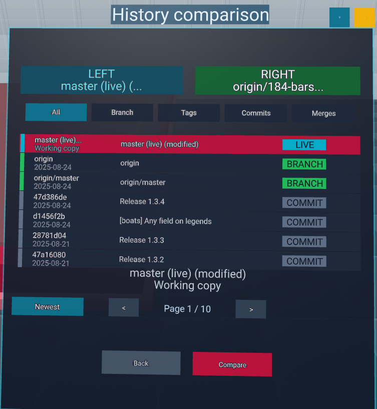 The comparison panel: the LEFT and RIGHT source slots, filters for branches, tags, commits and merges, and the Compare button