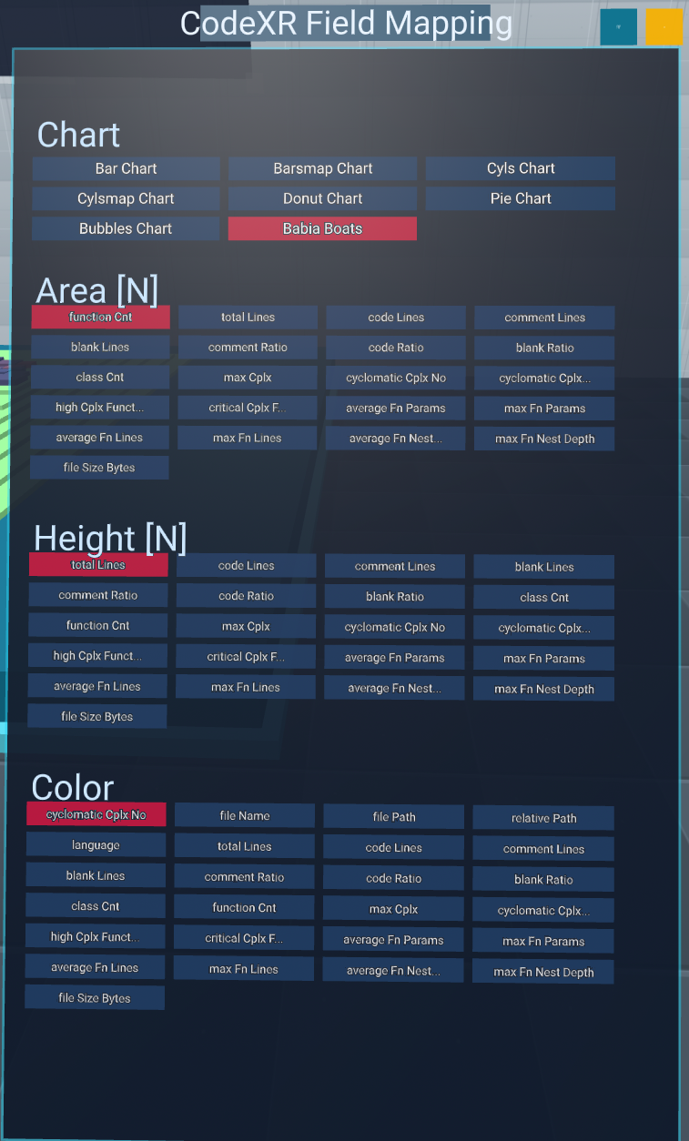 The Field Mapping panel: the chart picker on top, then Area, Height and Color, each with the full metric list