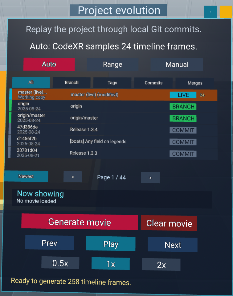 The player panel: Auto, Range and Manual timeline modes, the frame list, Generate movie, transport buttons and playback speeds
