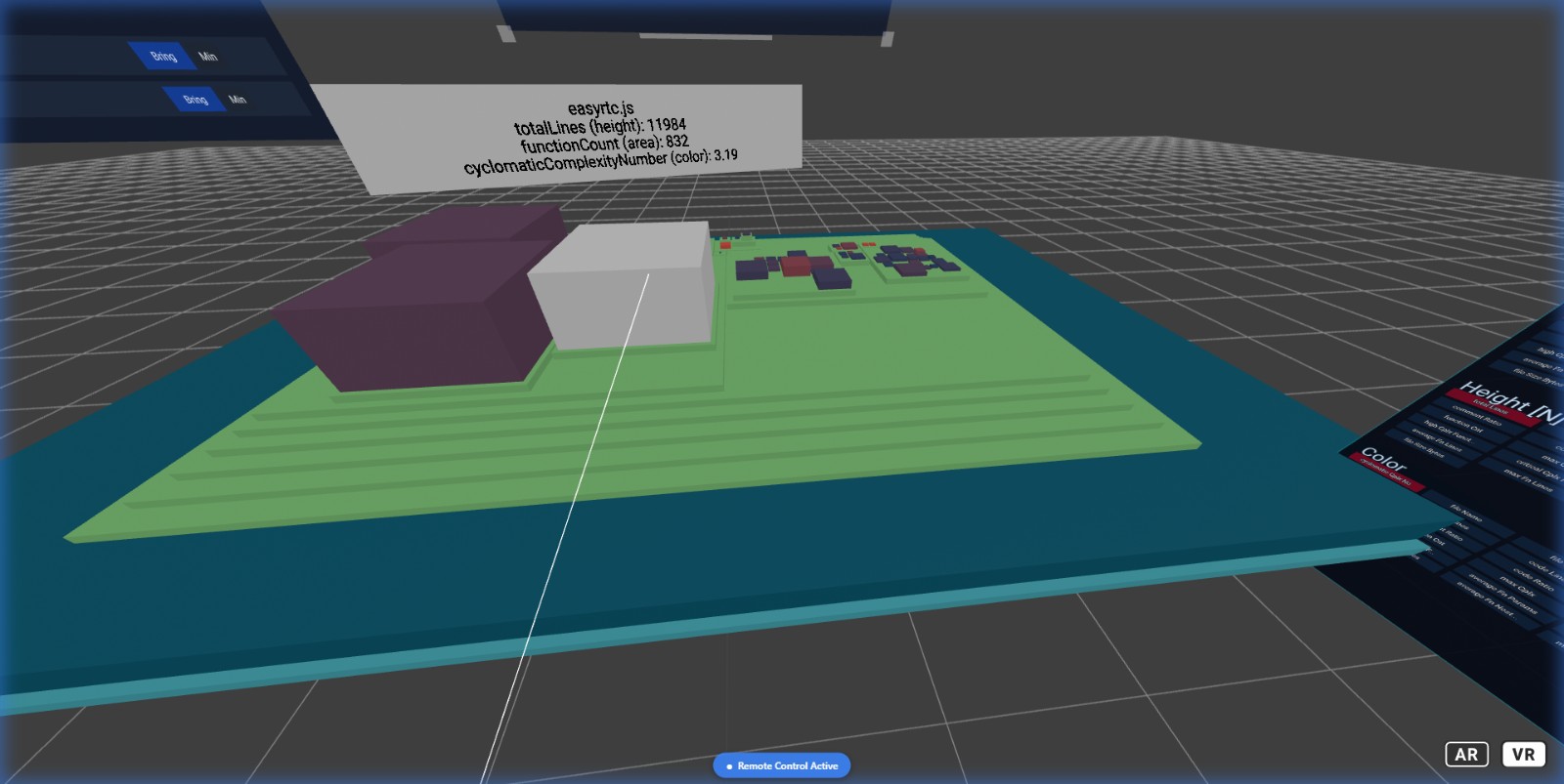 AR close-up: a highlighted building with its metrics legend floating in passthrough