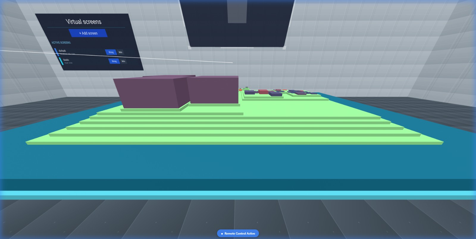 Standing at the table edge in VR, the code city across the pedestal