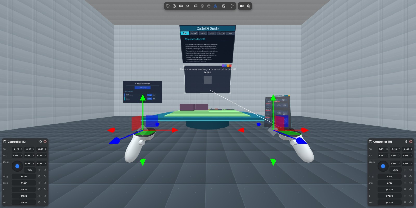VR testing cockpit: the scene surrounded by the emulator's controller panels