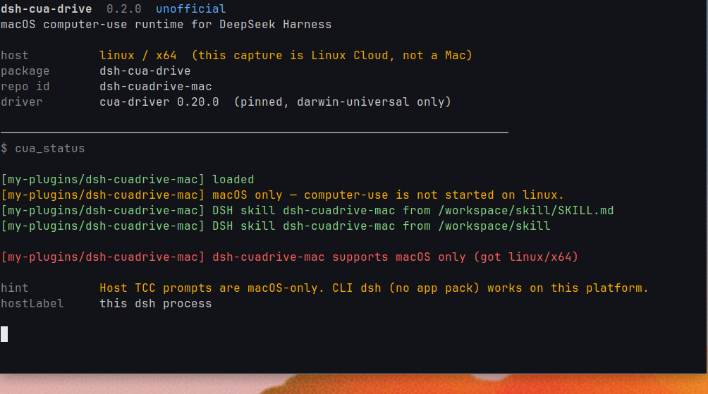 Linux 上调用 cua_status：supports macOS only