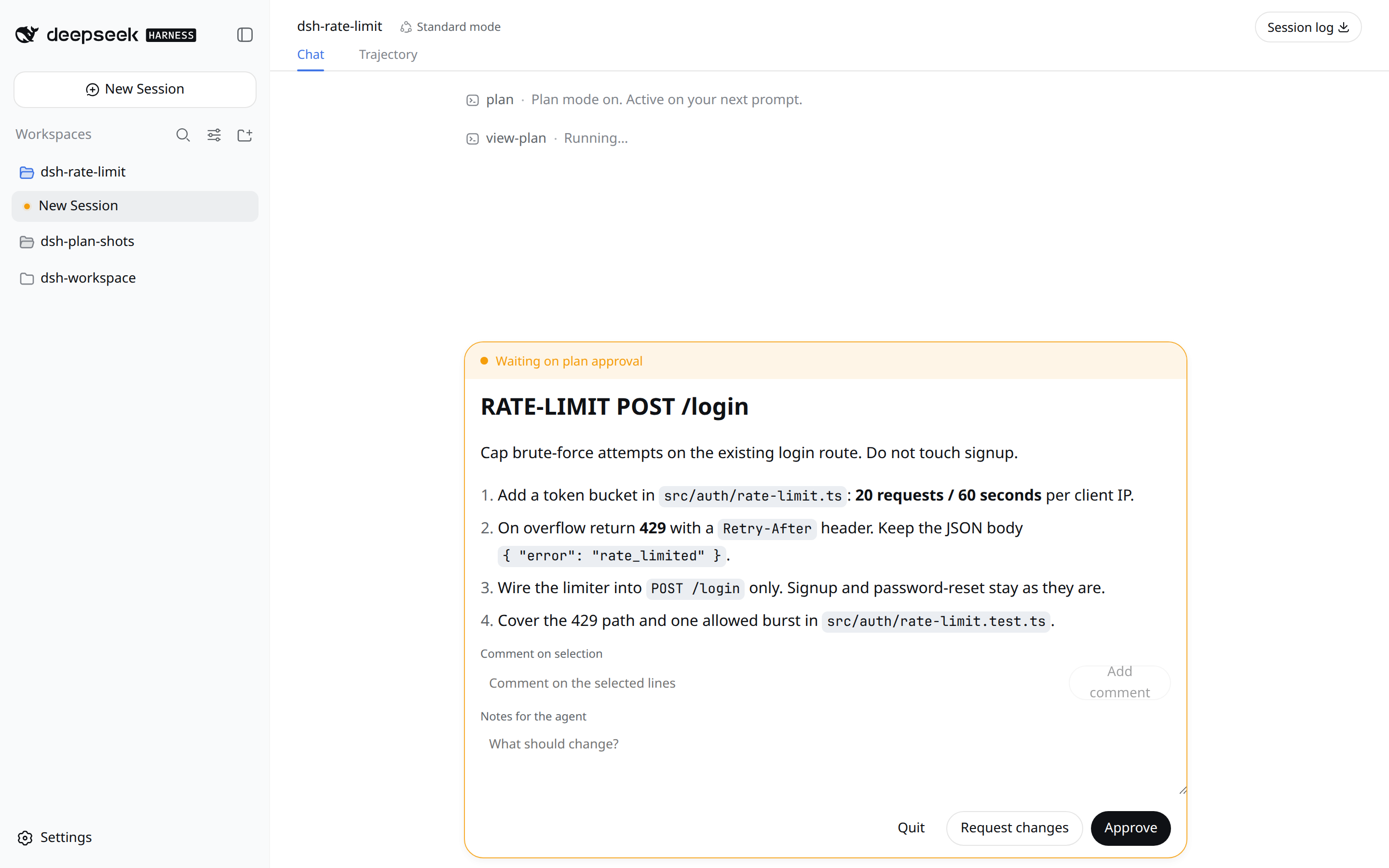 /view-plan 打开写好的 plan.md(标题 RATE-LIMIT POST /login),盖在官方 WebUI 上