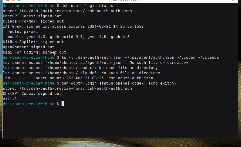 CLI status、独立 store、未登录时退出 1
