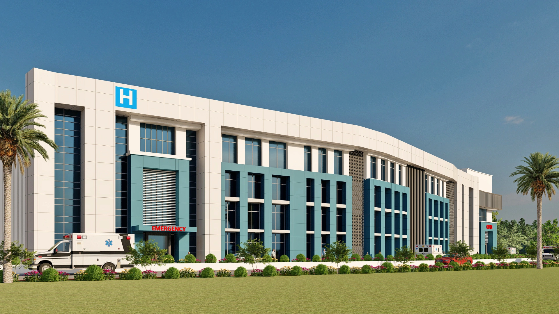 Contemporary Hospital Exterior with Emergency Block in Loni