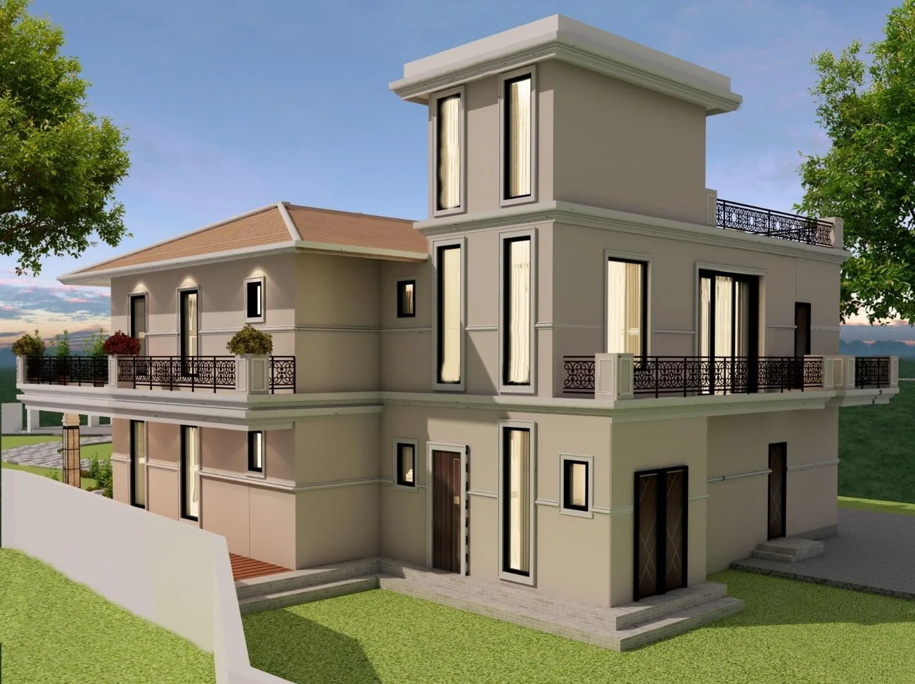 Elegant Multi-Level Farmhouse Elevation Design