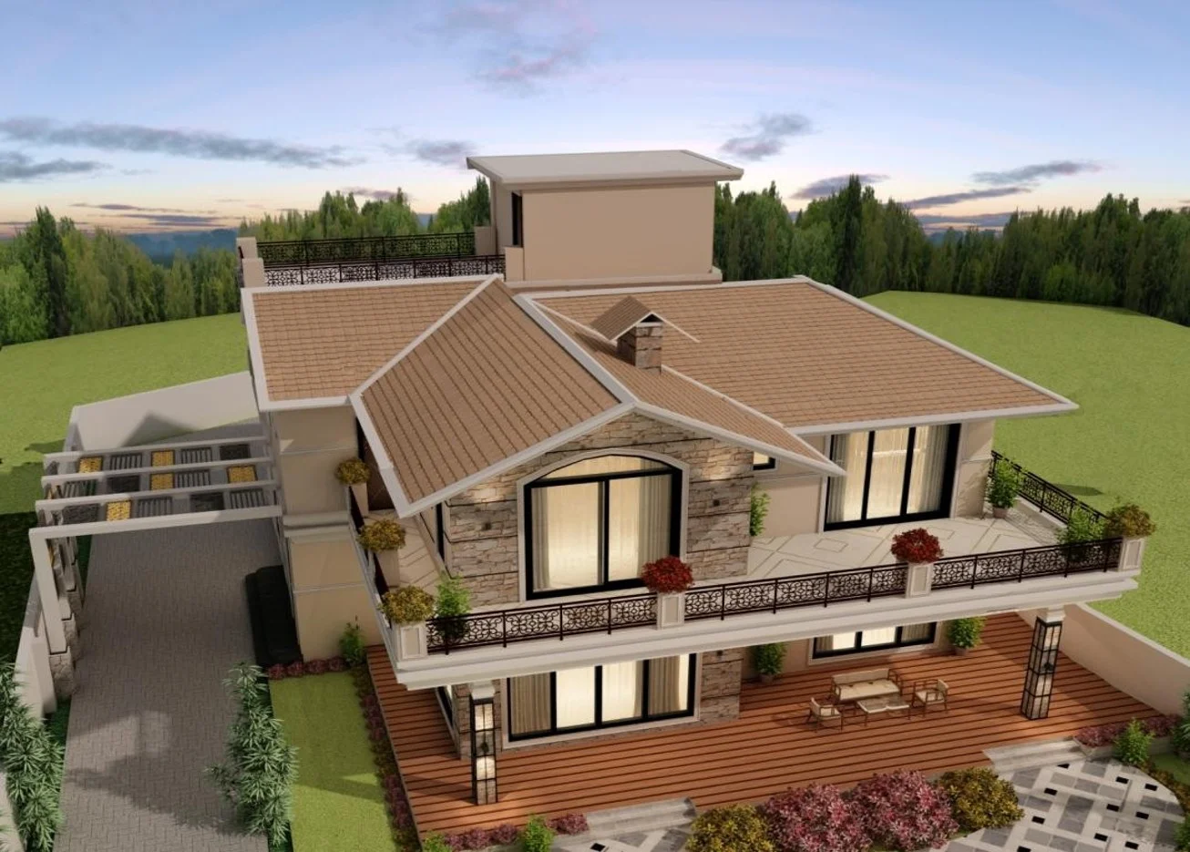 Contemporary Luxury Farmhouse Elevation Design with Sloped Roof Architecture