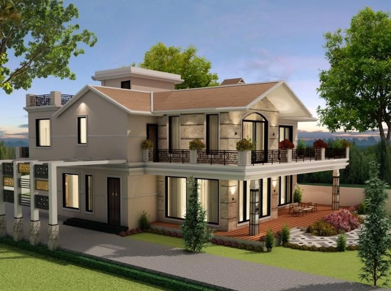 Luxury Farmhouse Elevation Design with Spacious Balconies