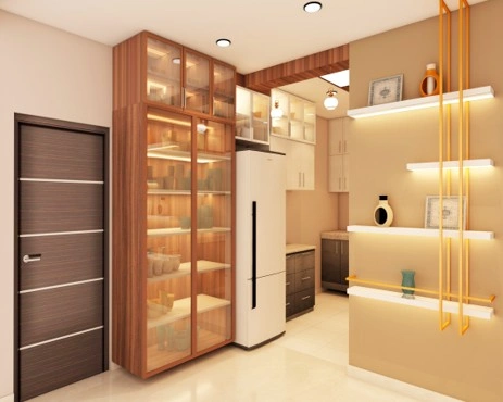 Modern Modular Kitchen Interior with Display Storage &amp; Warm Lighting