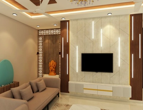 Luxury Living Room Interior with Designer TV Wall &amp; Ambient Lighting