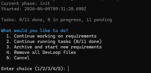 Continue menu with tasks remaining