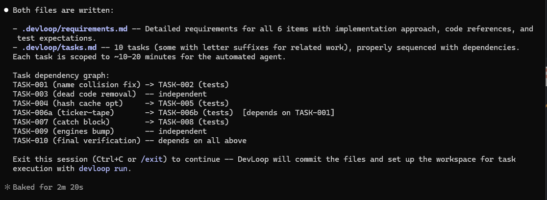 Claude generates requirements and tasks with a dependency graph