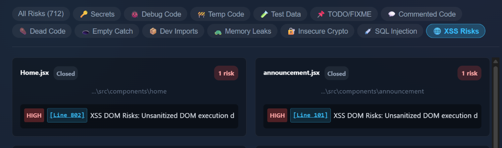 XSS Risks Dashboard
