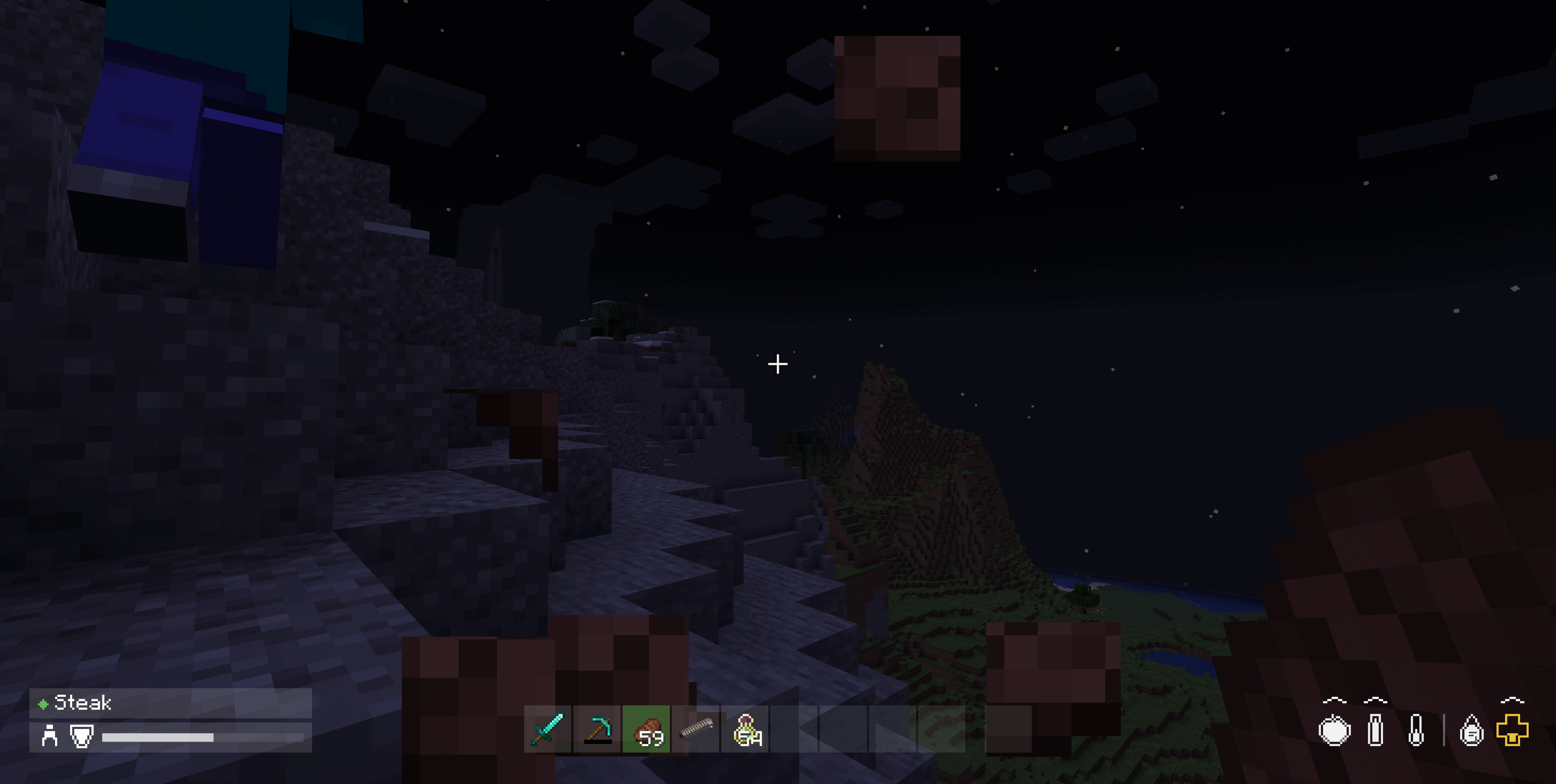 The hotbar carrying a sword, a pickaxe, a stack of steak, a torch and a stack of golden apples, with the held steak slot lit green and item counts drawn on the stacked slots