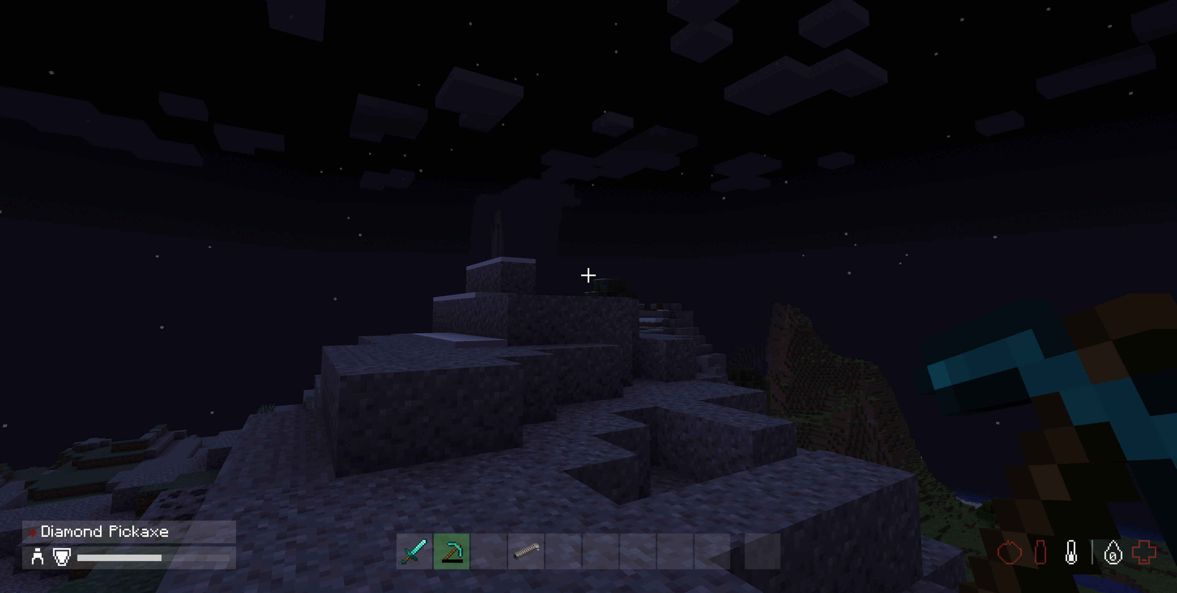 The player panel in the bottom left showing a pristine condition dot beside the name Diamond Pickaxe, with a walking stance figure and a partly filled armour bar on the row below