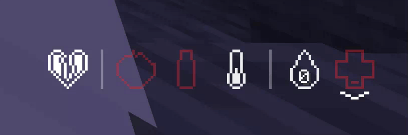 The status readout at critical level: the food apple, water bottle and health cross are all flashing red, while the beneficial-effect heart and the experience drop stay white