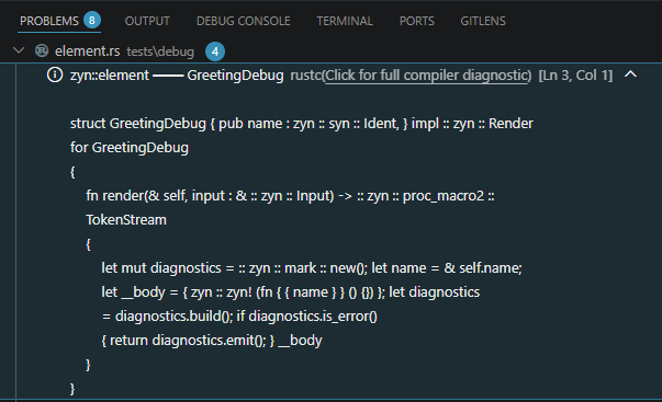 Raw debug output — Problems panel