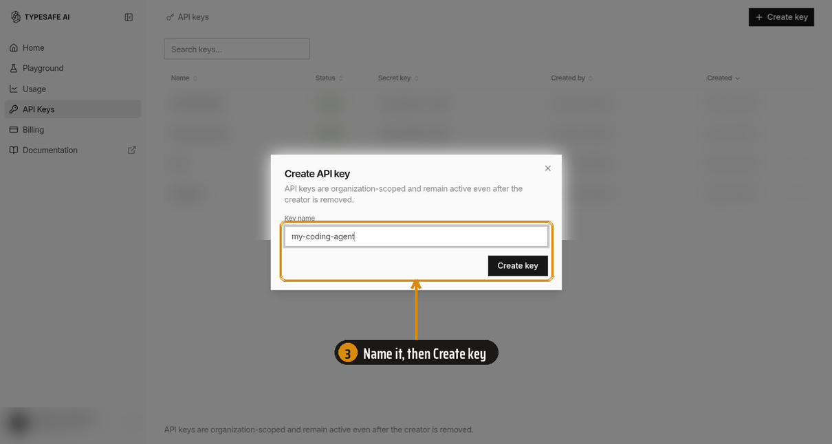 The Create API key dialog with the name my-coding-agent typed in. An amber box and arrow point at the name field and the Create key button.