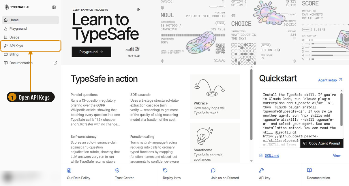 The TypeSafe console home page. An amber box and arrow point at API Keys in the left sidebar.