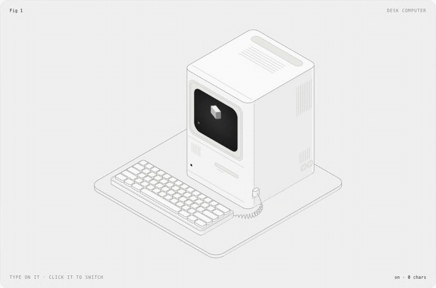 A desk computer typing a prompt, an approval pad allowing an agent, a webpage whose blocks drop into place, and a box reading a folder, all drawn as isometric line figures