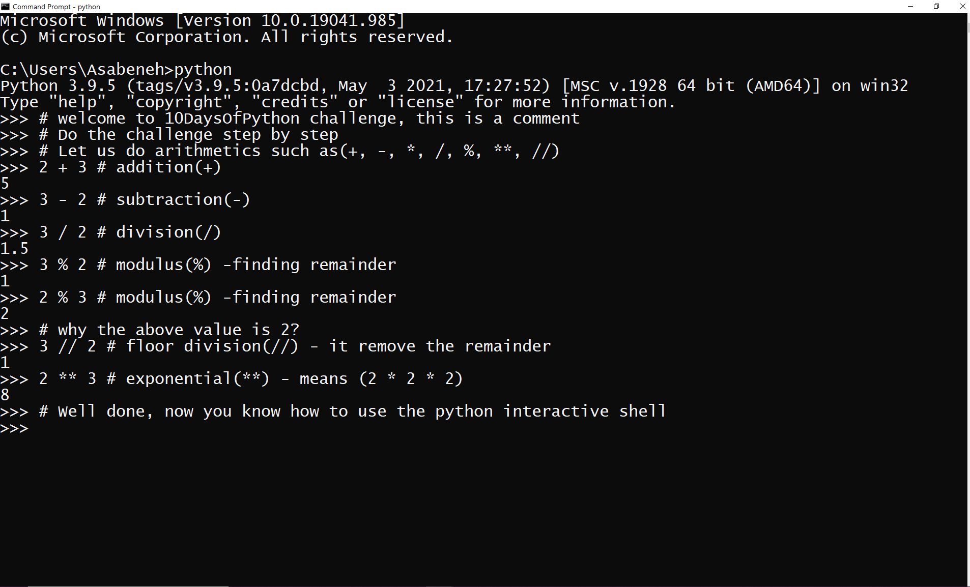 Maths on python shell