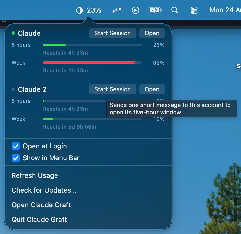 Live usage for both accounts in the menu bar