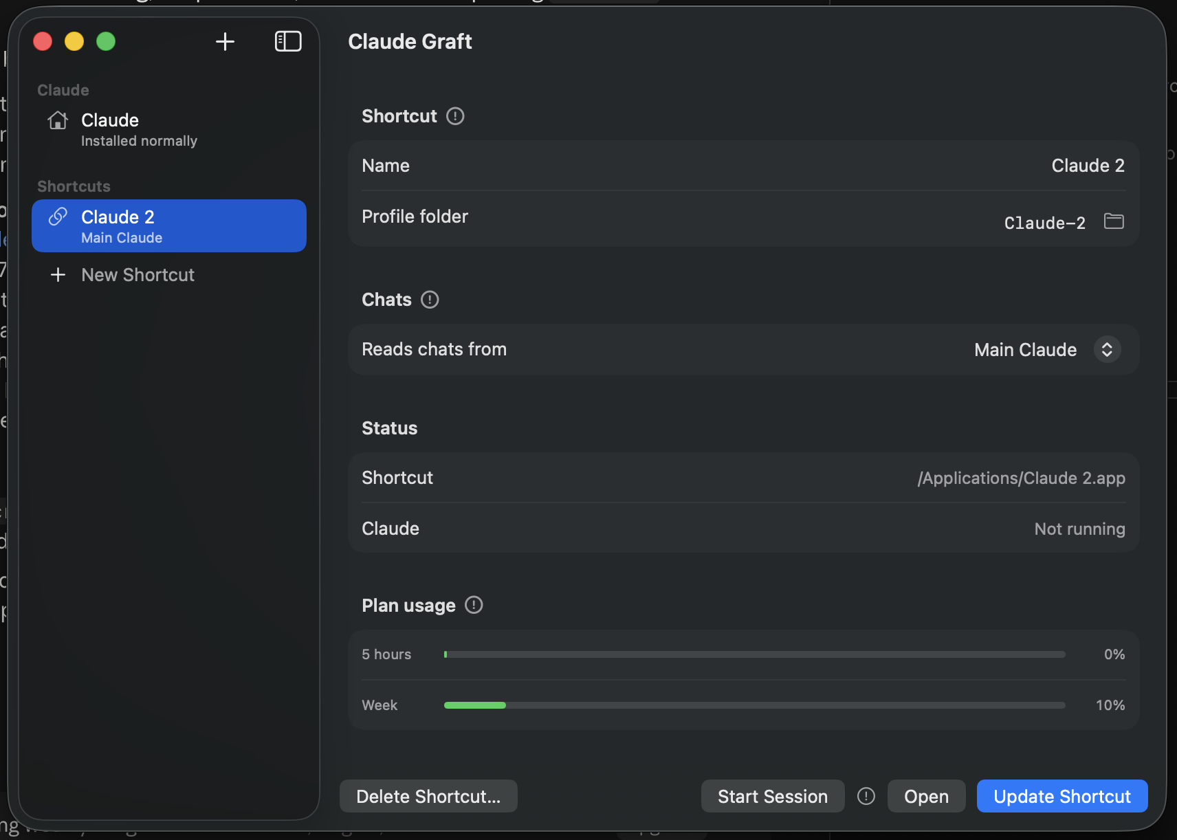 The shortcut's settings