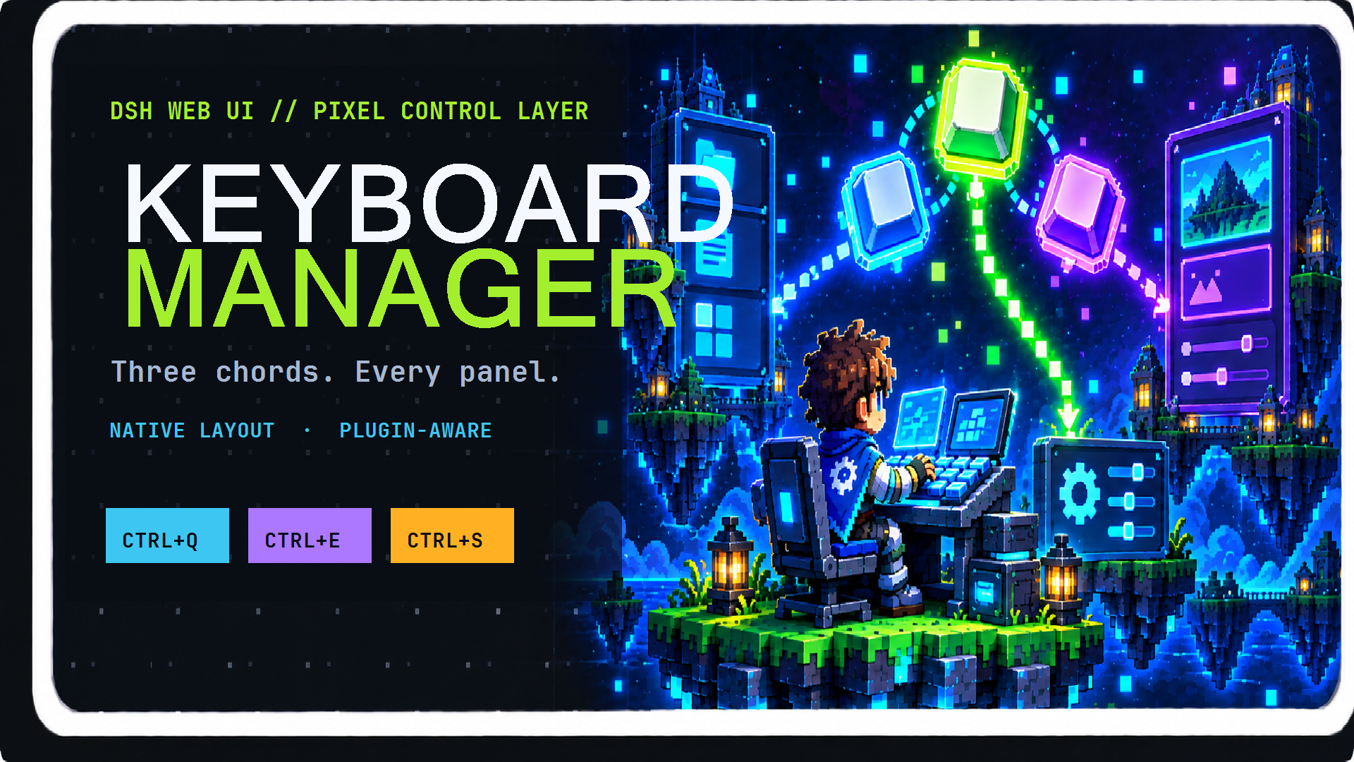dsh-keyboard-manager pixel-art control room routing Ctrl+Q, Ctrl+E, and Ctrl+S to native or plugin surfaces.
