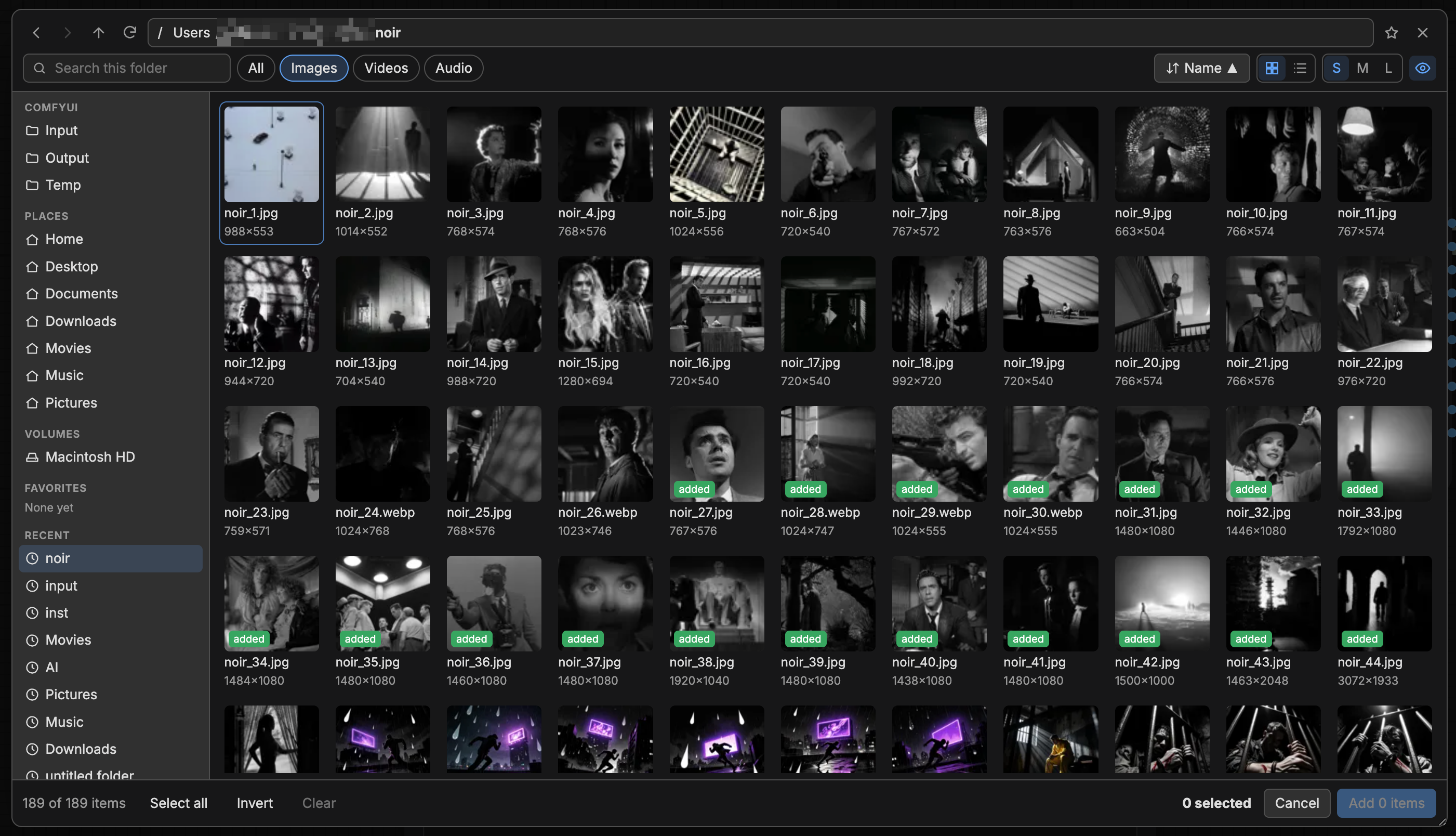 Media Manager file browser with places, kind filters and grid view